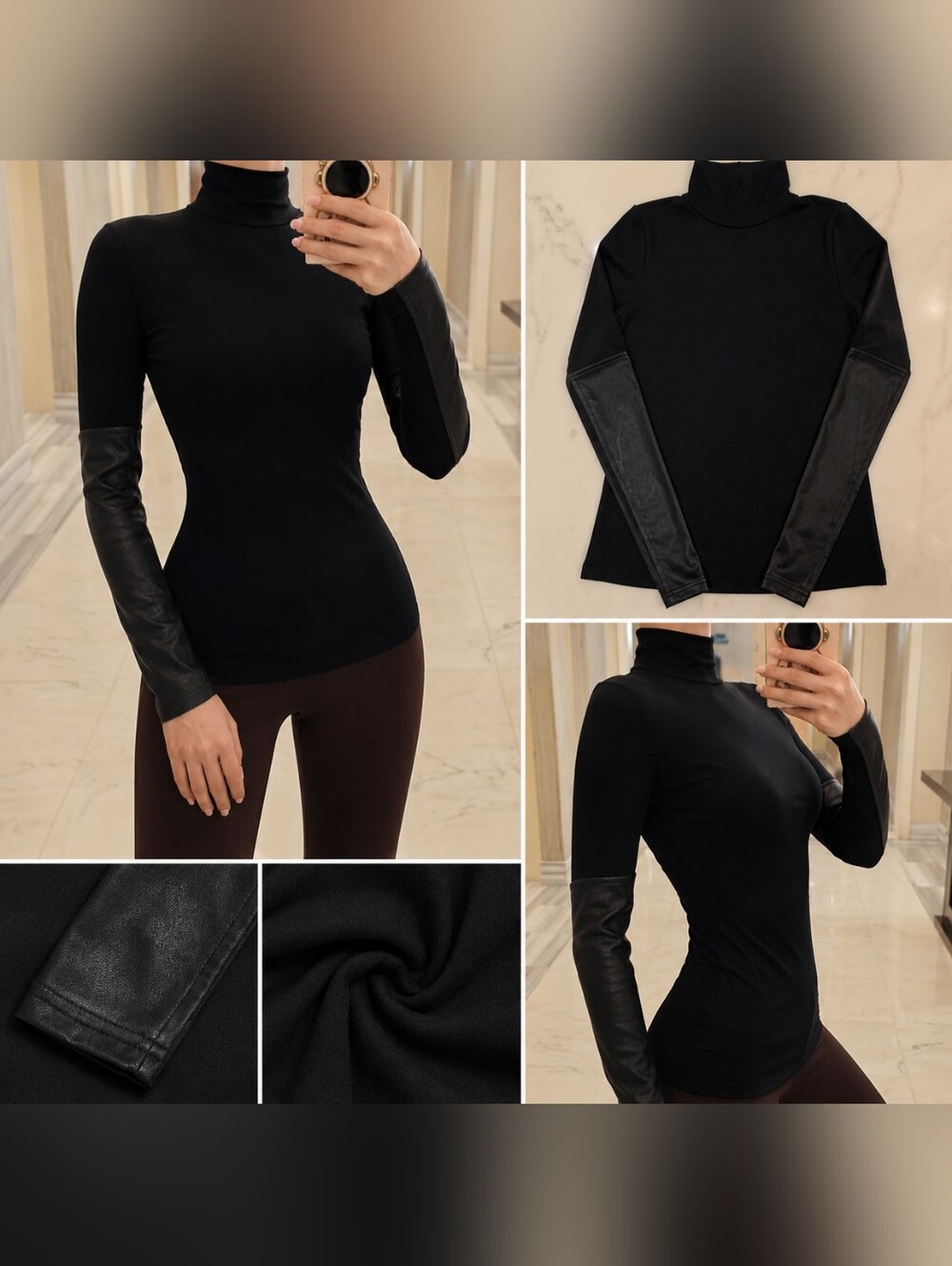 BCBGMaxAzria Black Turtleneck Top with Faux Leather Sleeve Panels New With Tags